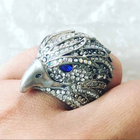 Bird head ring rhinestone statement eagle